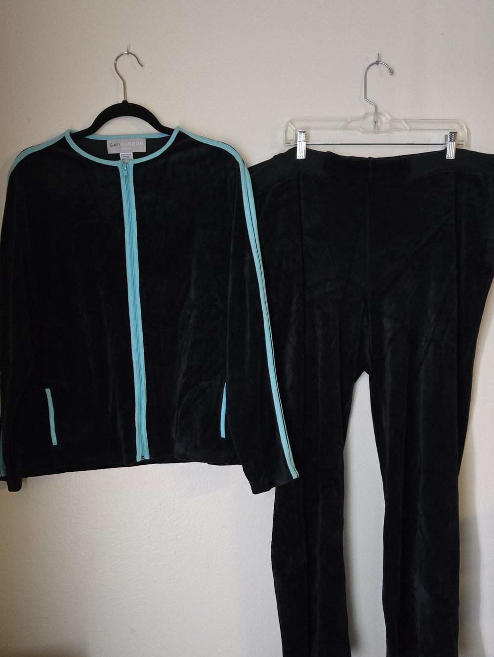 Sag Harbor Sport Velour Tracksuit Set XL Black Aqua Jacket Pants Y2K